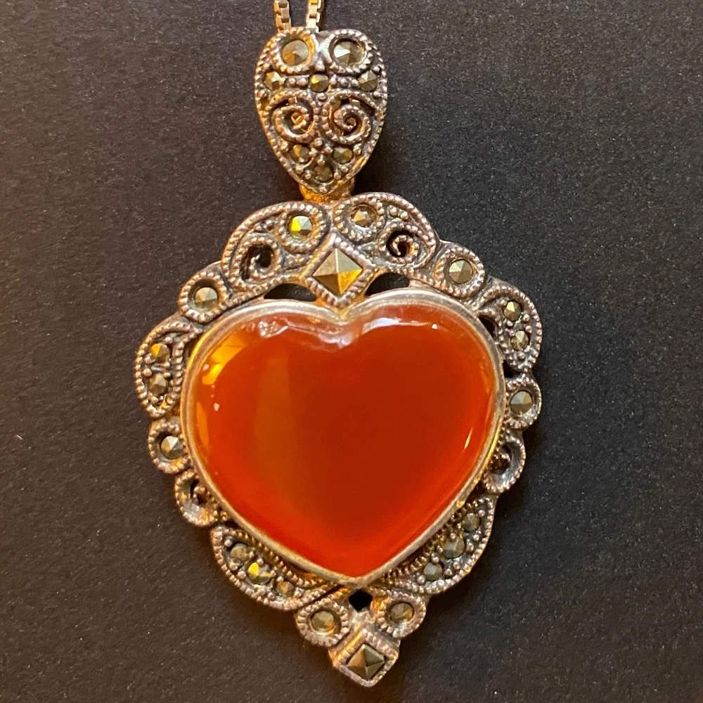 Sterling Silver & Marcasite Heart Shaped Necklace - Picture 3 of 7